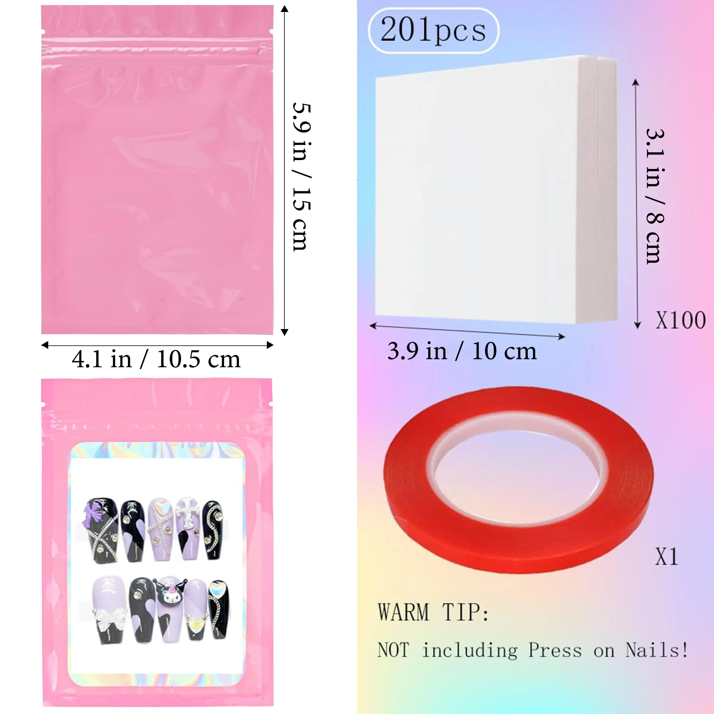 100PCS Empty Solid Pink Holographic Nail Storage Bag Press on Nail Packaging Bag and 100PCS Shiny white cardboard Nail Tips Packaging Bags with 1 Roll Transparent Tape