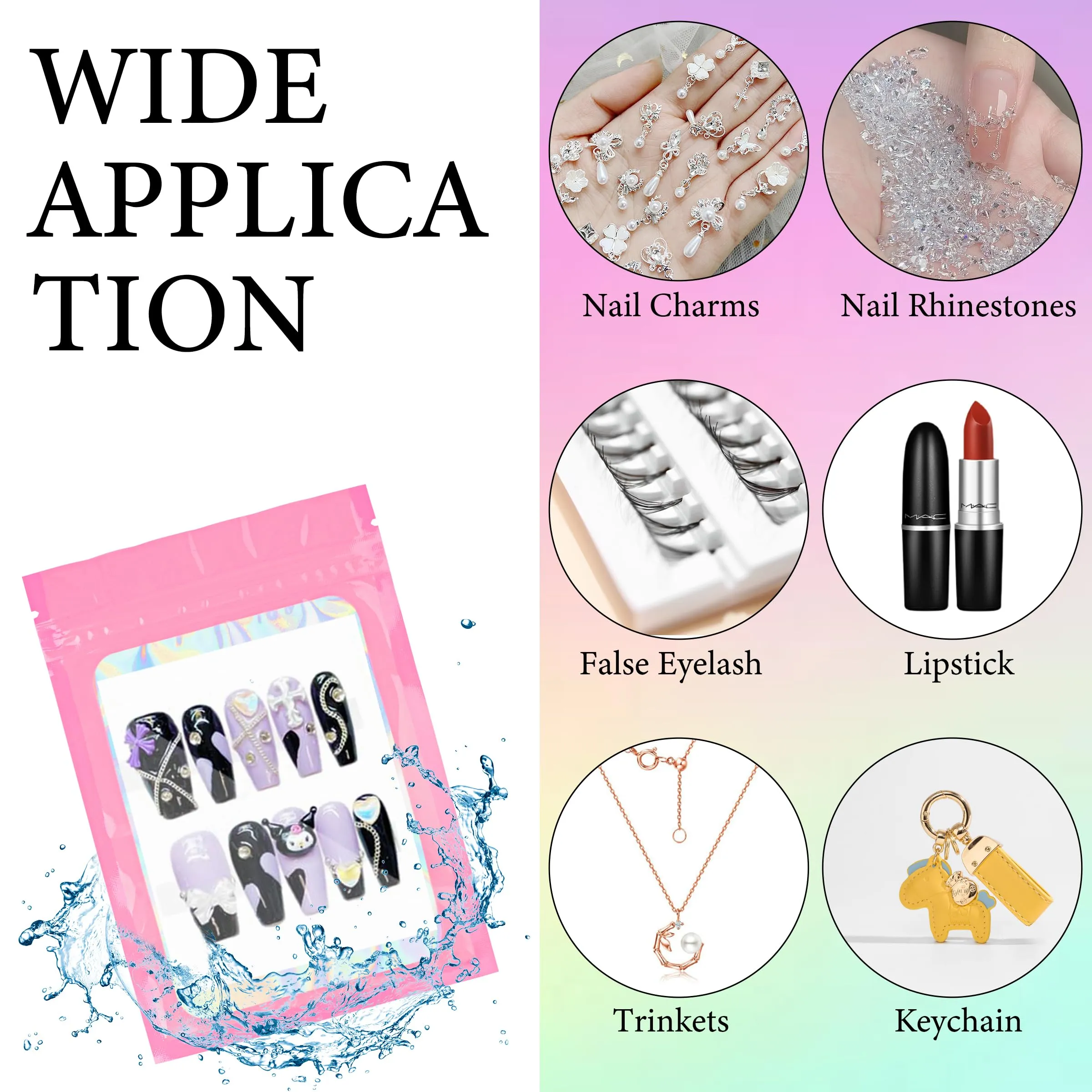 100PCS Empty Solid Pink Holographic Nail Storage Bag Press on Nail Packaging Bag and 100PCS Shiny white cardboard Nail Tips Packaging Bags with 1 Roll Transparent Tape