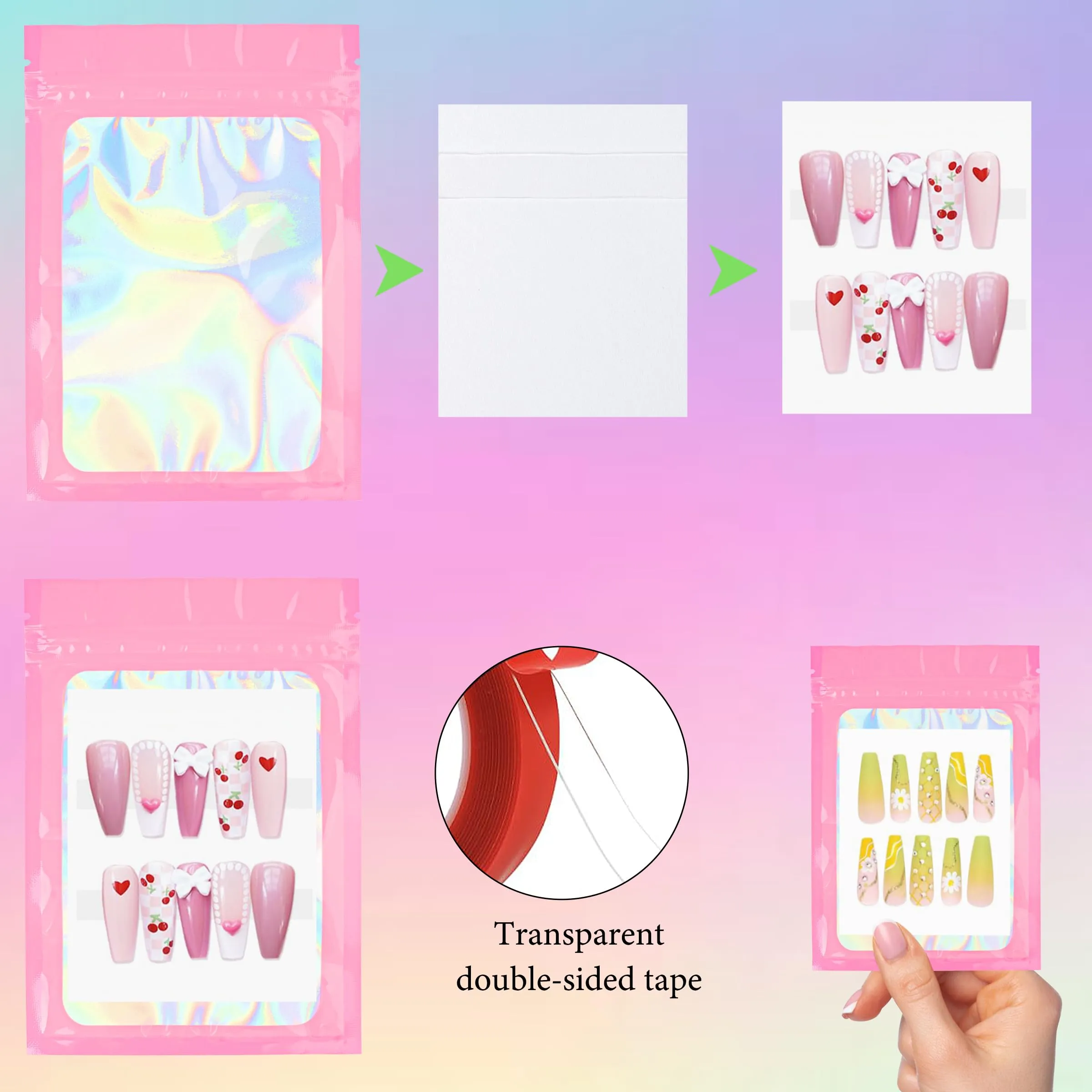 100PCS Empty Solid Pink Holographic Nail Storage Bag Press on Nail Packaging Bag and 100PCS Shiny white cardboard Nail Tips Packaging Bags with 1 Roll Transparent Tape