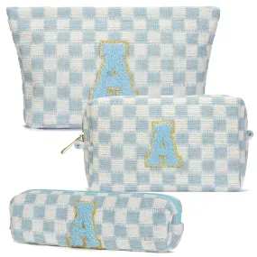 Aintmax Graduation Gifts for Her,3 Pieces Checkered Makeup Bag Personalized Initial Make Up Bag Cute Storage Pouch Travel Toiletry Cosmetic Bag Teacher Birthday Gifts for Women Girls (Blue-A)