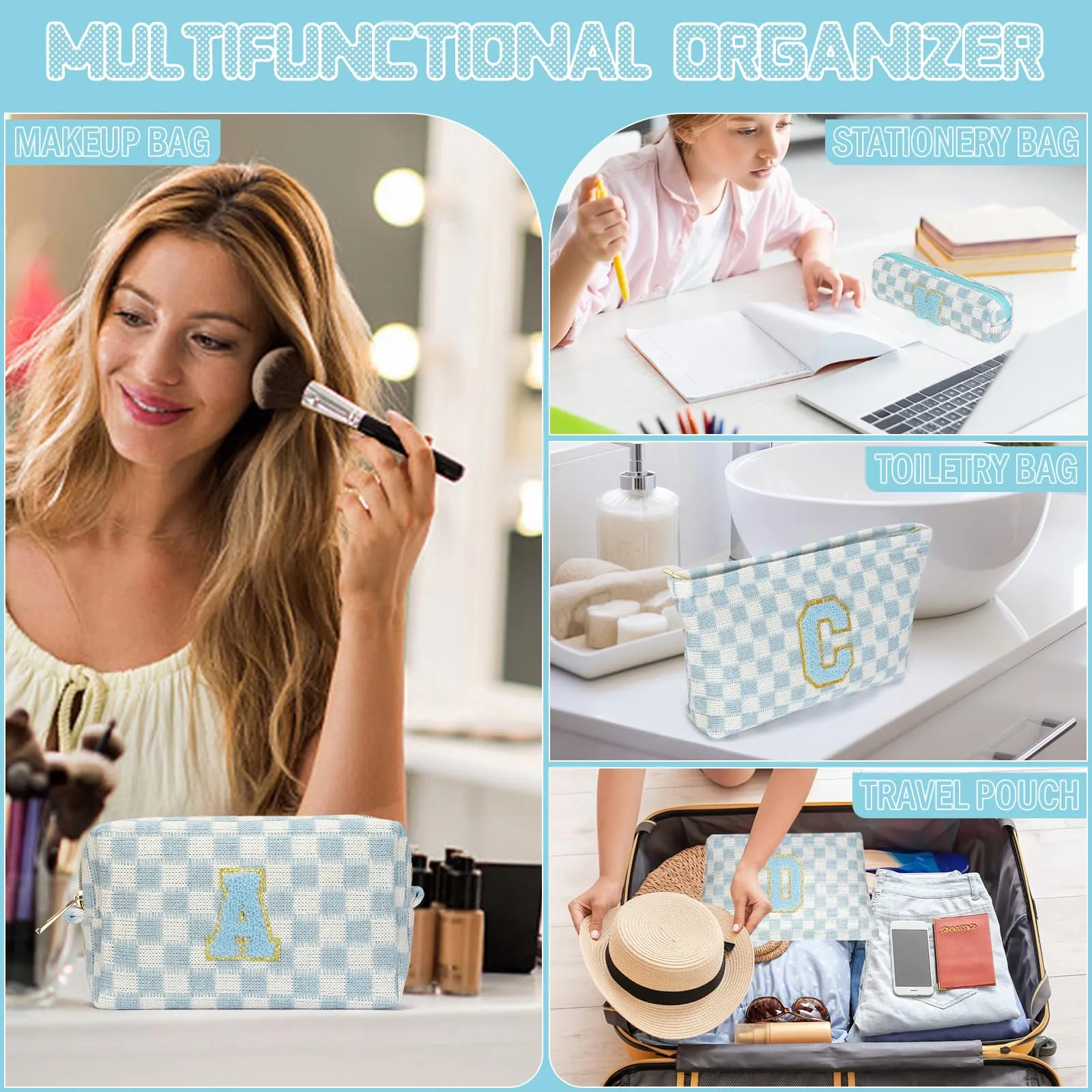 Aintmax Graduation Gifts for Her,3 Pieces Checkered Makeup Bag Personalized Initial Make Up Bag Cute Storage Pouch Travel Toiletry Cosmetic Bag Teacher Birthday Gifts for Women Girls (Blue-A)