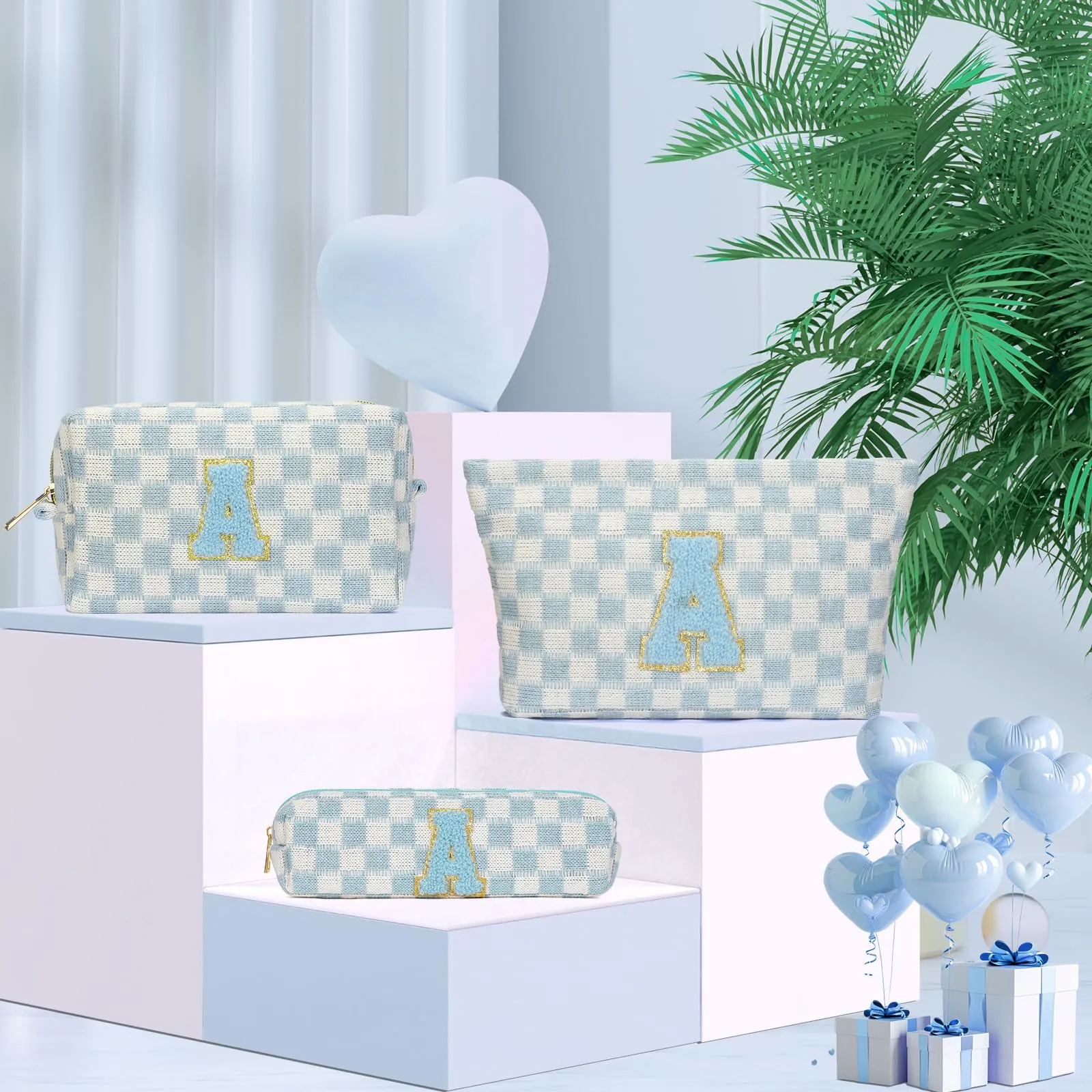 Aintmax Graduation Gifts for Her,3 Pieces Checkered Makeup Bag Personalized Initial Make Up Bag Cute Storage Pouch Travel Toiletry Cosmetic Bag Teacher Birthday Gifts for Women Girls (Blue-A)
