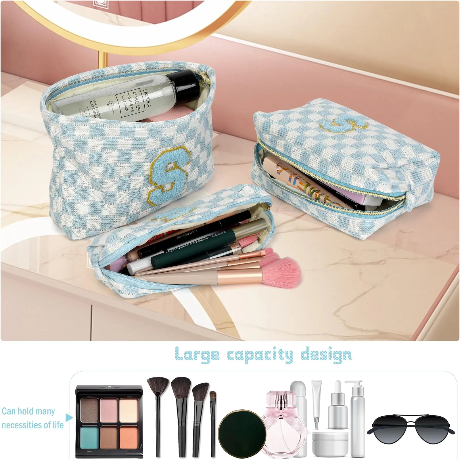 Aintmax Graduation Gifts for Her,3 Pieces Checkered Makeup Bag Personalized Initial Make Up Bag Cute Storage Pouch Travel Toiletry Cosmetic Bag Teacher Birthday Gifts for Women Girls (Blue-A)