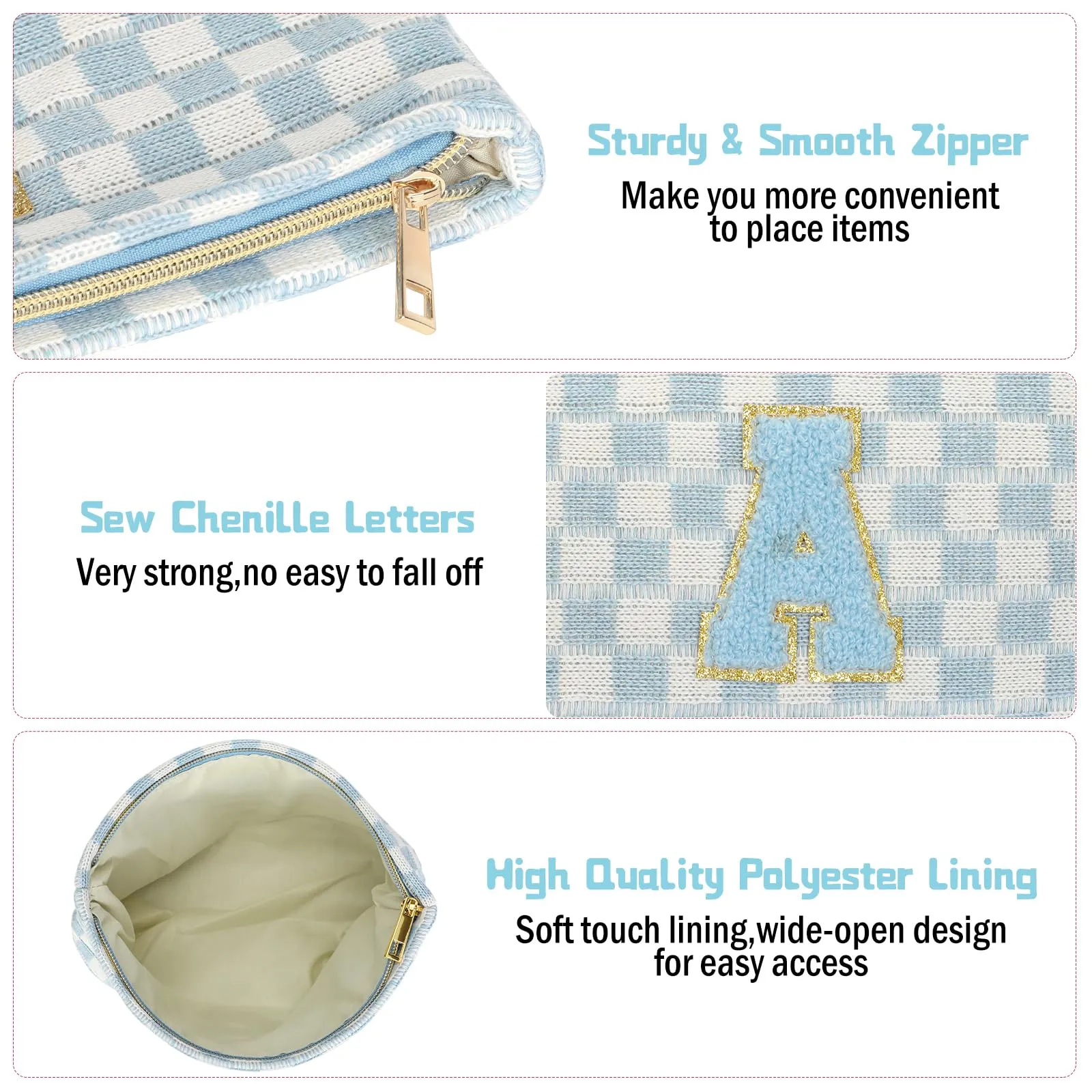 Aintmax Graduation Gifts for Her,3 Pieces Checkered Makeup Bag Personalized Initial Make Up Bag Cute Storage Pouch Travel Toiletry Cosmetic Bag Teacher Birthday Gifts for Women Girls (Blue-A)