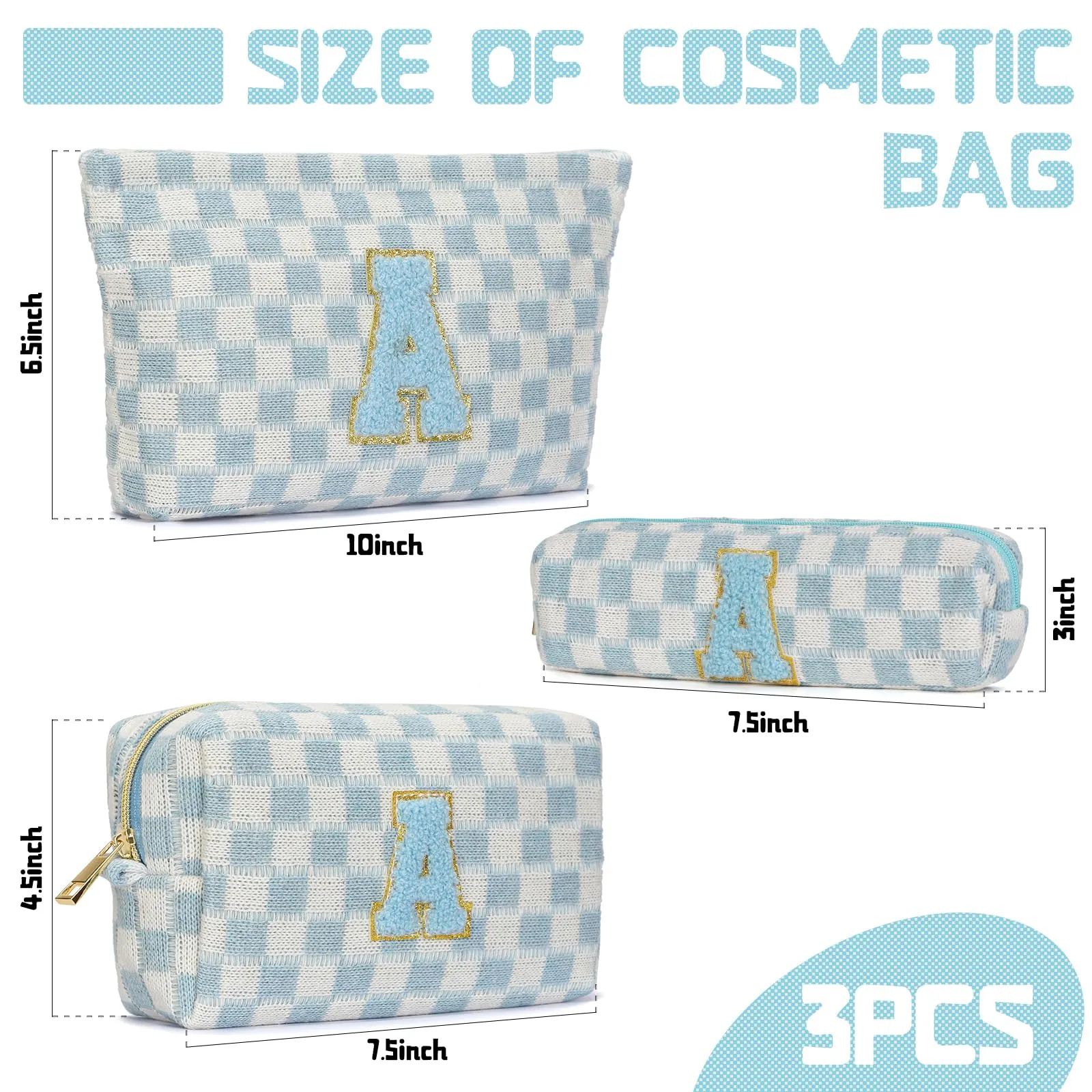 Aintmax Graduation Gifts for Her,3 Pieces Checkered Makeup Bag Personalized Initial Make Up Bag Cute Storage Pouch Travel Toiletry Cosmetic Bag Teacher Birthday Gifts for Women Girls (Blue-A)
