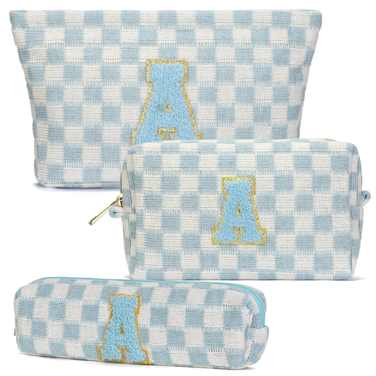 Aintmax Graduation Gifts for Her,3 Pieces Checkered Makeup Bag Personalized Initial Make Up Bag Cute Storage Pouch Travel Toiletry Cosmetic Bag Teacher Birthday Gifts for Women Girls (Blue-A)