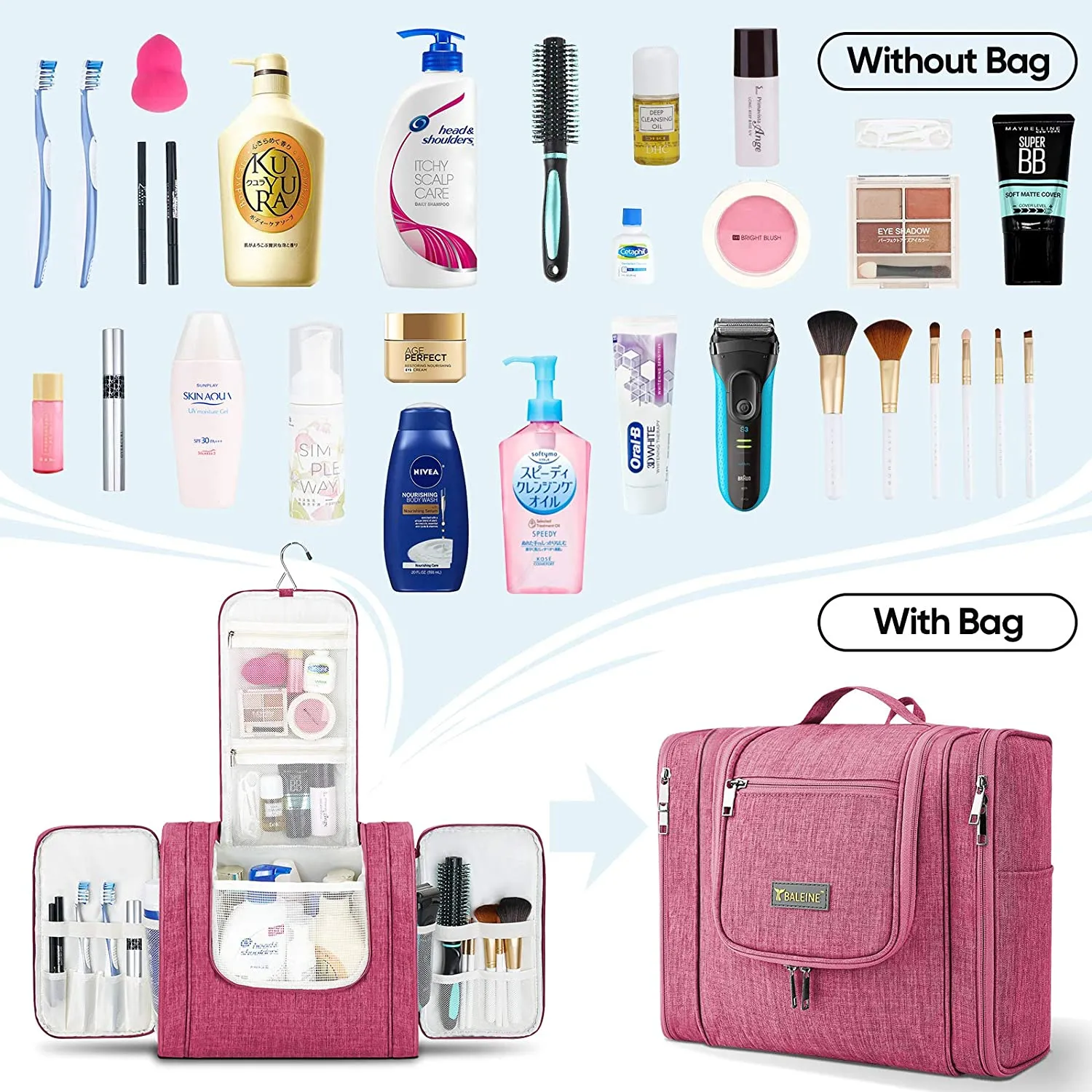 BALEINE Toiletry Bag for Women and Men, Water-Resistance Cosmetic Bags Makeup Organizer for Toiletries with Hanging Hook (Extra Large, Pink)