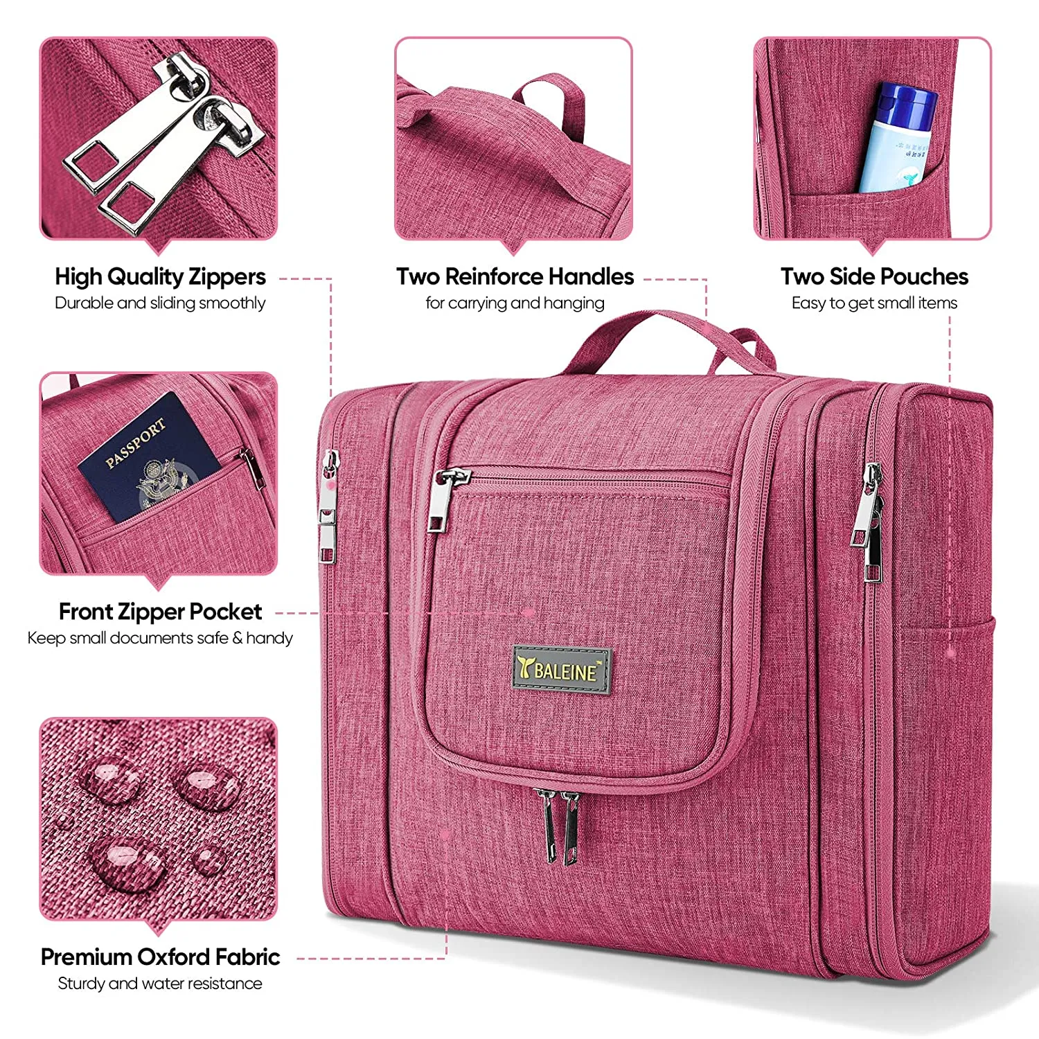 BALEINE Toiletry Bag for Women and Men, Water-Resistance Cosmetic Bags Makeup Organizer for Toiletries with Hanging Hook (Extra Large, Pink)