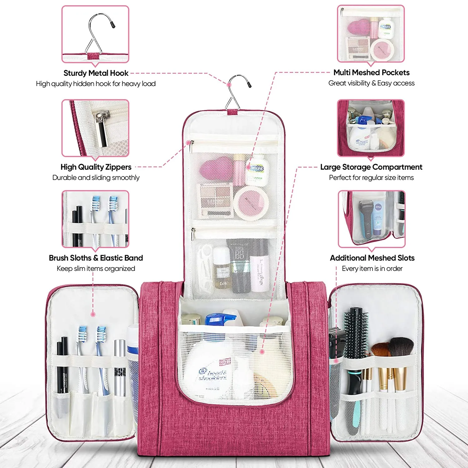 BALEINE Toiletry Bag for Women and Men, Water-Resistance Cosmetic Bags Makeup Organizer for Toiletries with Hanging Hook (Extra Large, Pink)
