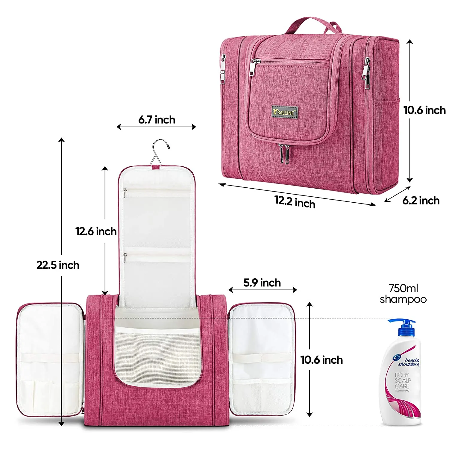 BALEINE Toiletry Bag for Women and Men, Water-Resistance Cosmetic Bags Makeup Organizer for Toiletries with Hanging Hook (Extra Large, Pink)