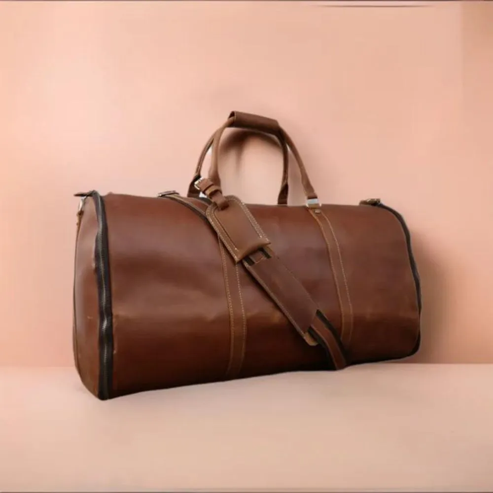 Classic Garment Leather Brown Duffle Bag