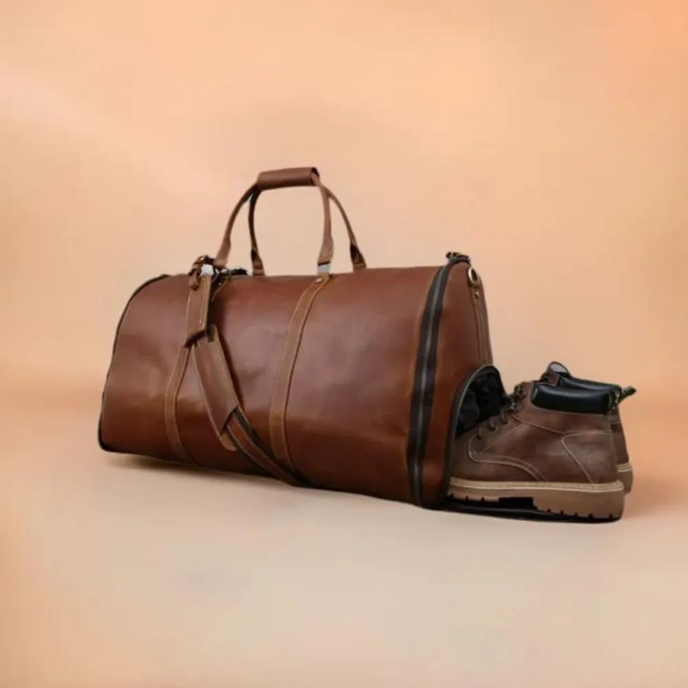 Classic Garment Leather Brown Duffle Bag