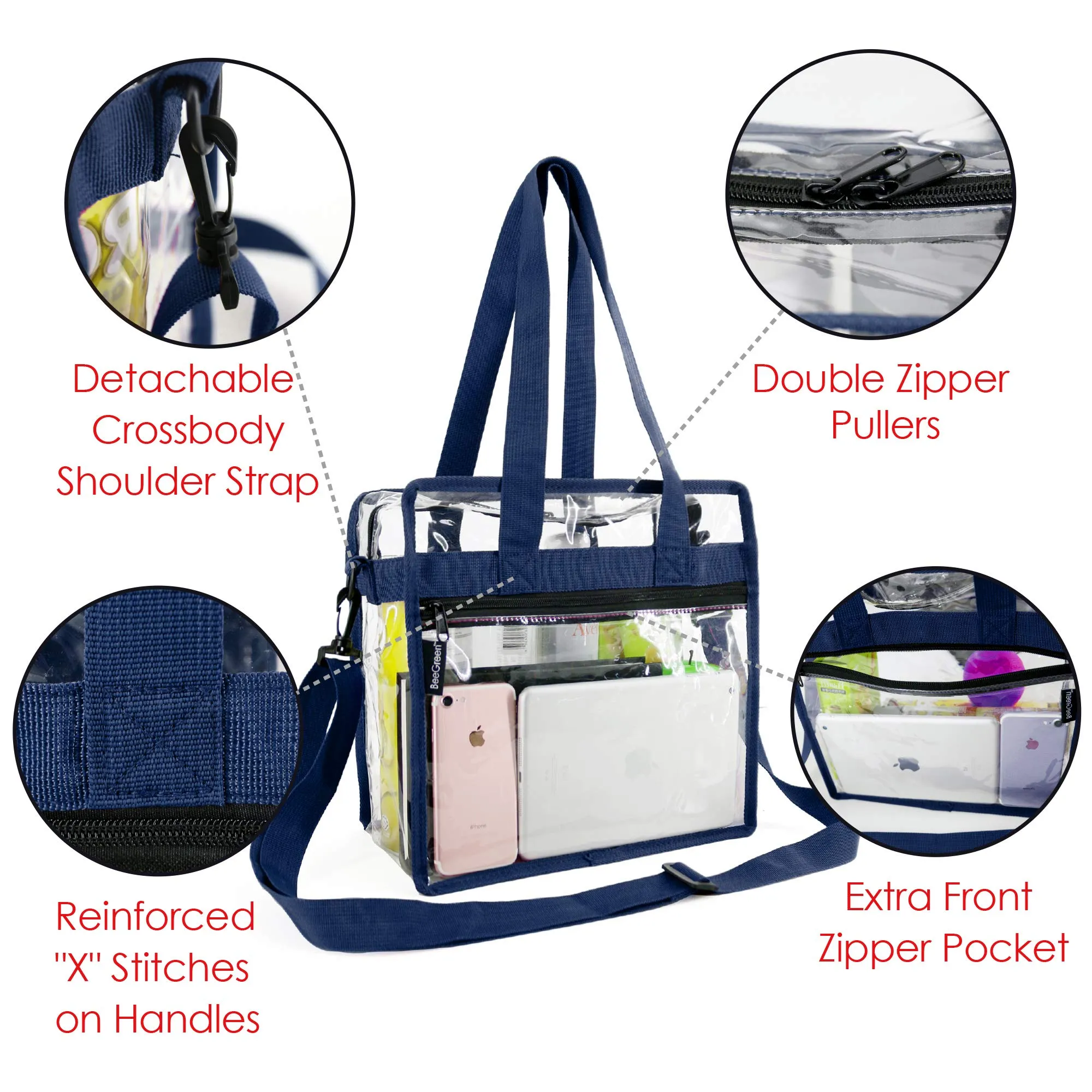 Clear-Bag-For-Stadium-12 x 12 x 6 with Front Zippered Pocket and Adjustable Shoulder Strap NFL Stadium Security Travel & See Through Tote Bag, Perfect for Work School Sports Games and Concerts