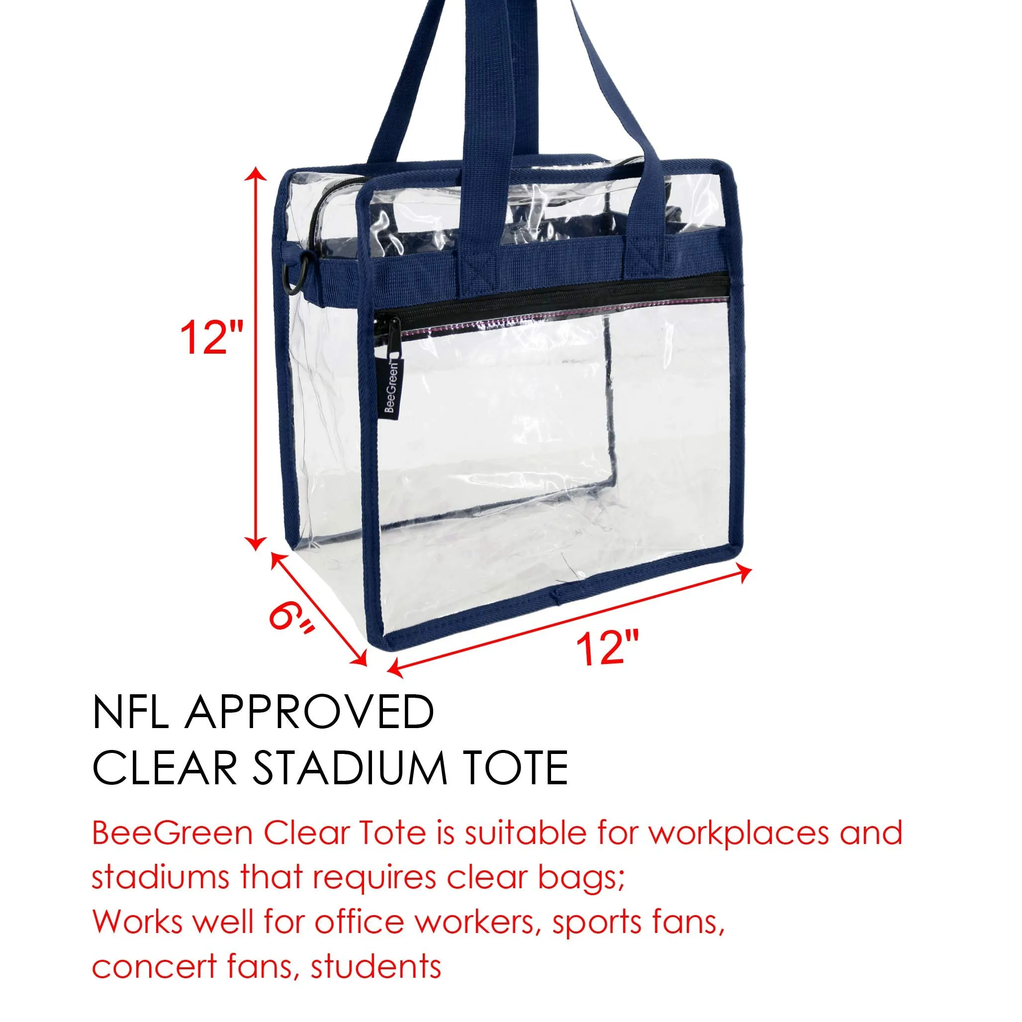 Clear-Bag-For-Stadium-12 x 12 x 6 with Front Zippered Pocket and Adjustable Shoulder Strap NFL Stadium Security Travel & See Through Tote Bag, Perfect for Work School Sports Games and Concerts