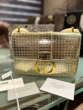 Dior Pale Gold Micro Cannage Patent Leather 30 Montaigne Flap Chain Bag